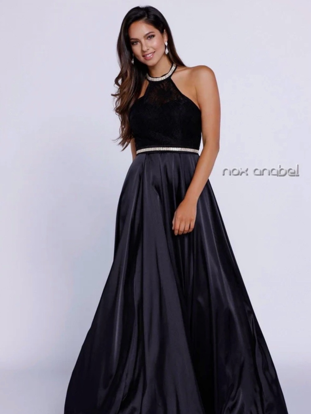 Elegant Black Halter Prom Dress with Jeweled Collar and Waist